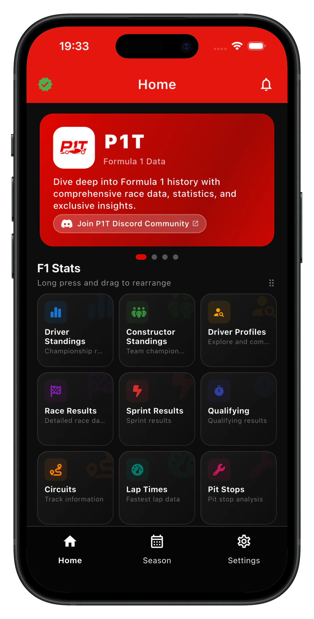 Home screen with the F1 Stats grid of standings, results and circuits