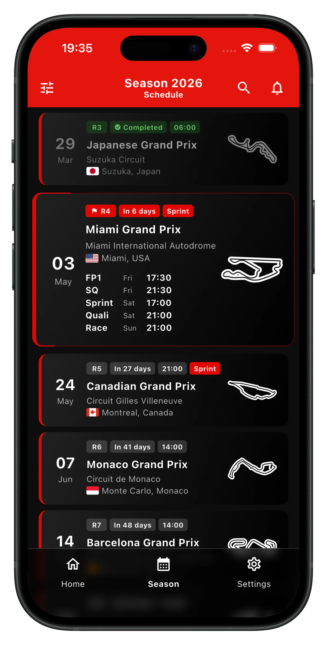 Season schedule screen listing every Grand Prix of the year