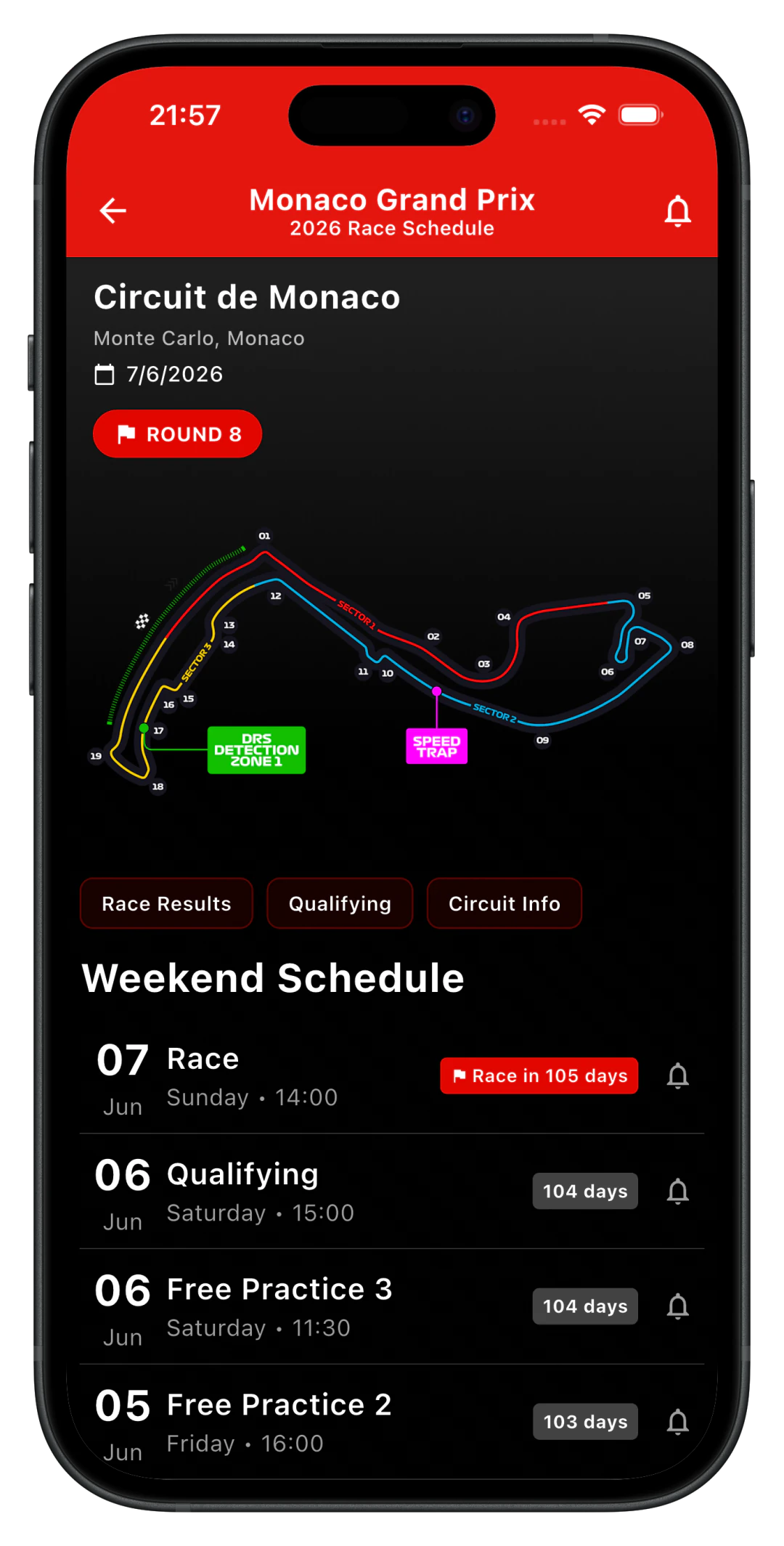 Monaco Grand Prix screen with the circuit map and weekend schedule